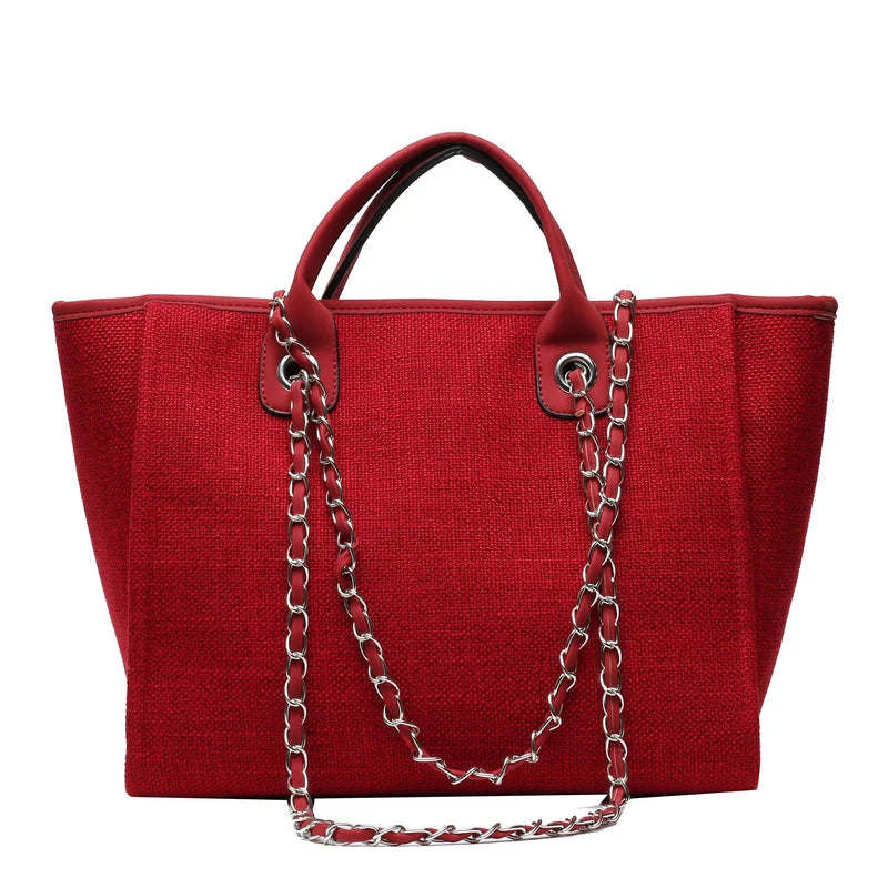 Duża Damska Torebka Canvas – Shopper na Ramię i Crossbody z Łańcuszkiem