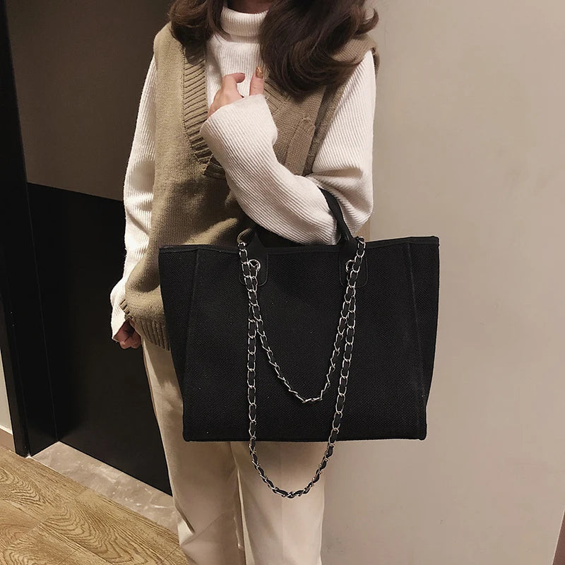 Duża Damska Torebka Canvas – Shopper na Ramię i Crossbody z Łańcuszkiem