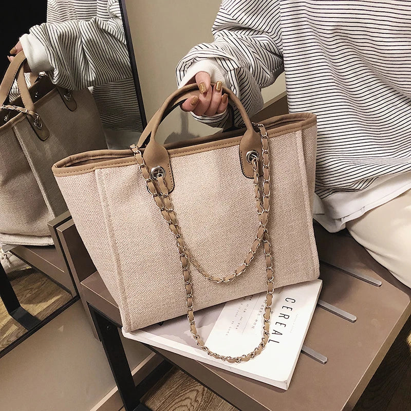 Duża Damska Torebka Canvas – Shopper na Ramię i Crossbody z Łańcuszkiem