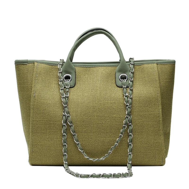 Duża Damska Torebka Canvas – Shopper na Ramię i Crossbody z Łańcuszkiem