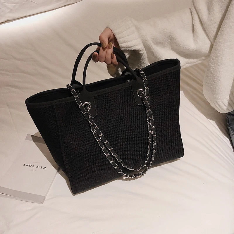 Duża Damska Torebka Canvas – Shopper na Ramię i Crossbody z Łańcuszkiem