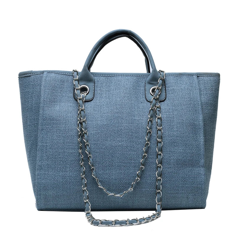 Duża Damska Torebka Canvas – Shopper na Ramię i Crossbody z Łańcuszkiem