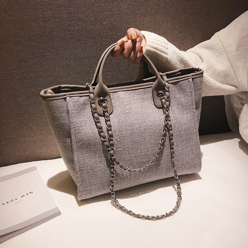 Duża Damska Torebka Canvas – Shopper na Ramię i Crossbody z Łańcuszkiem