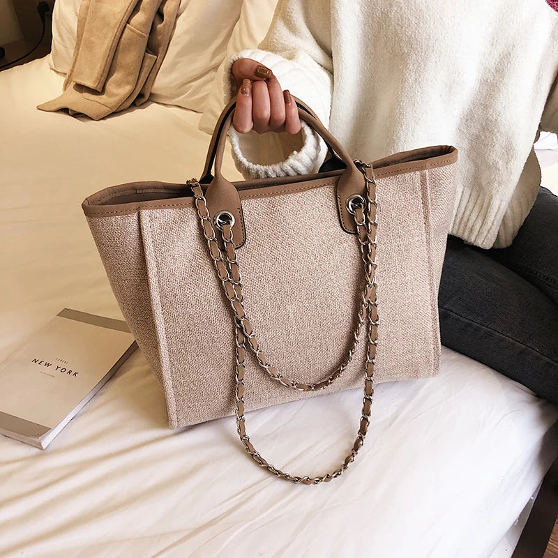 Duża Damska Torebka Canvas – Shopper na Ramię i Crossbody z Łańcuszkiem