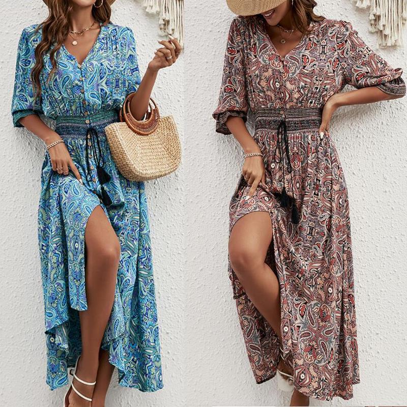 Sukienka Maxi Boho z Wiązaniem w Talii i Rękawem 3/4