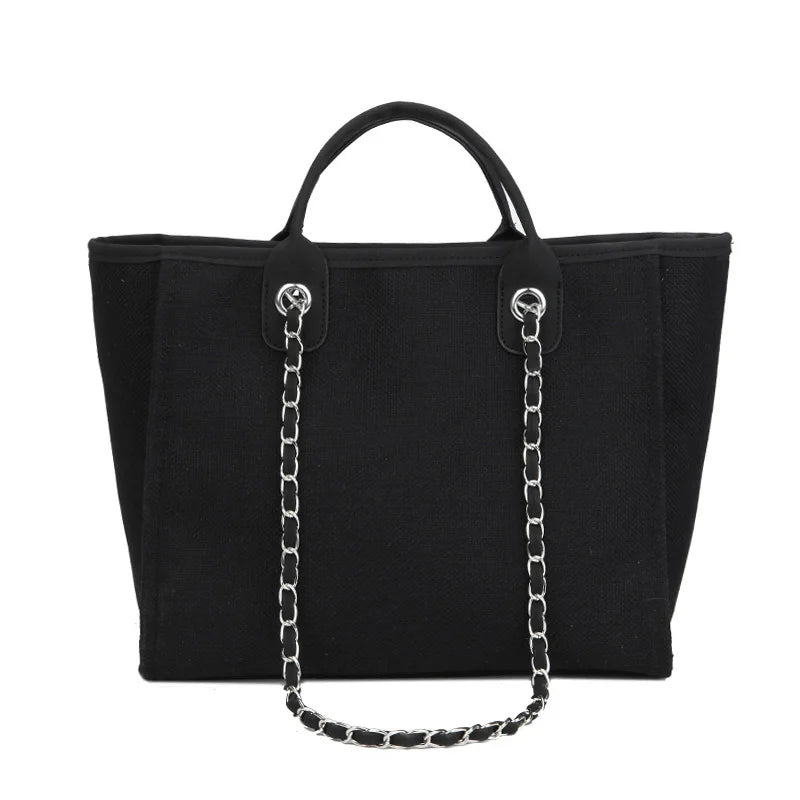 Duża Damska Torebka Canvas – Shopper na Ramię i Crossbody z Łańcuszkiem