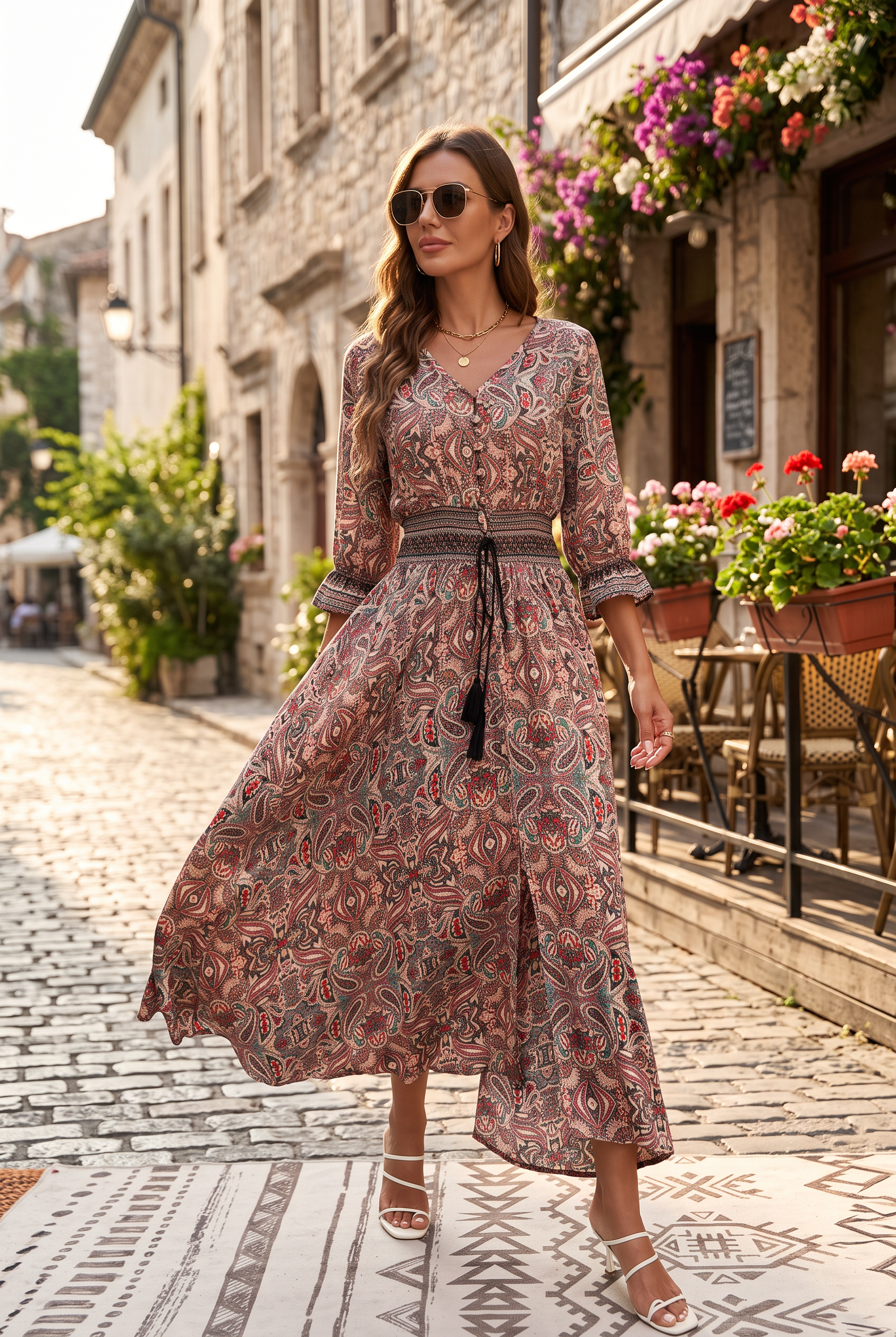 Sukienka Maxi Boho z Wiązaniem w Talii i Rękawem 3/4