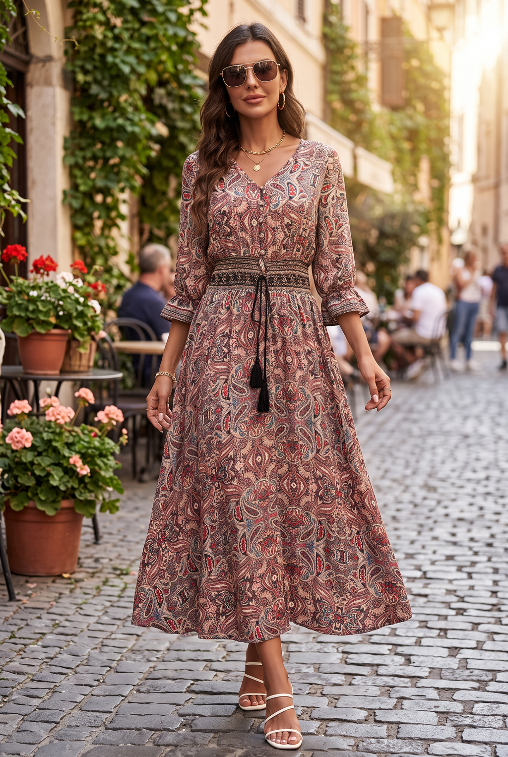 Sukienka Maxi Boho z Wiązaniem w Talii i Rękawem 3/4
